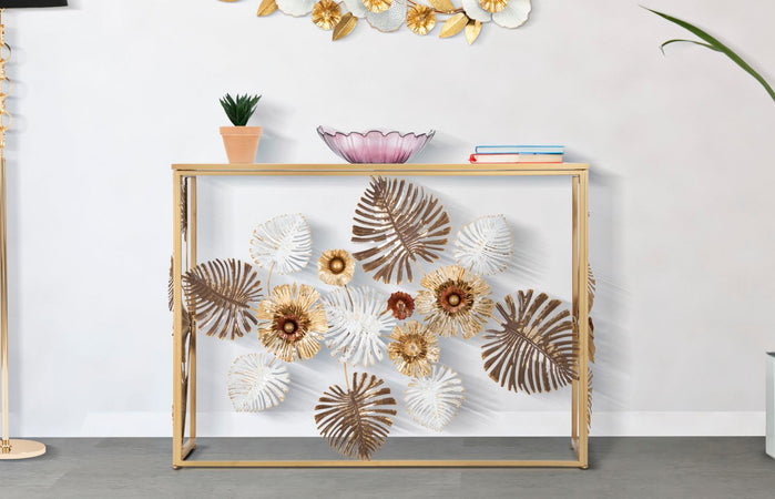 Console-struttura-in-metallo-con-fiori-decorativi-ripiano-in-vetro-per-interni