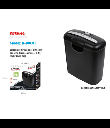 Contenitore Cestino Trita Distruggi Documenti Carta Fino 6 Fogli Maxtech D-doc01