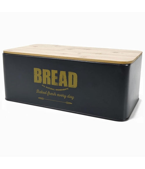 Contenitore Portapane Vintage Nero Coperchio Tagliere In Legno Latta Alimenti