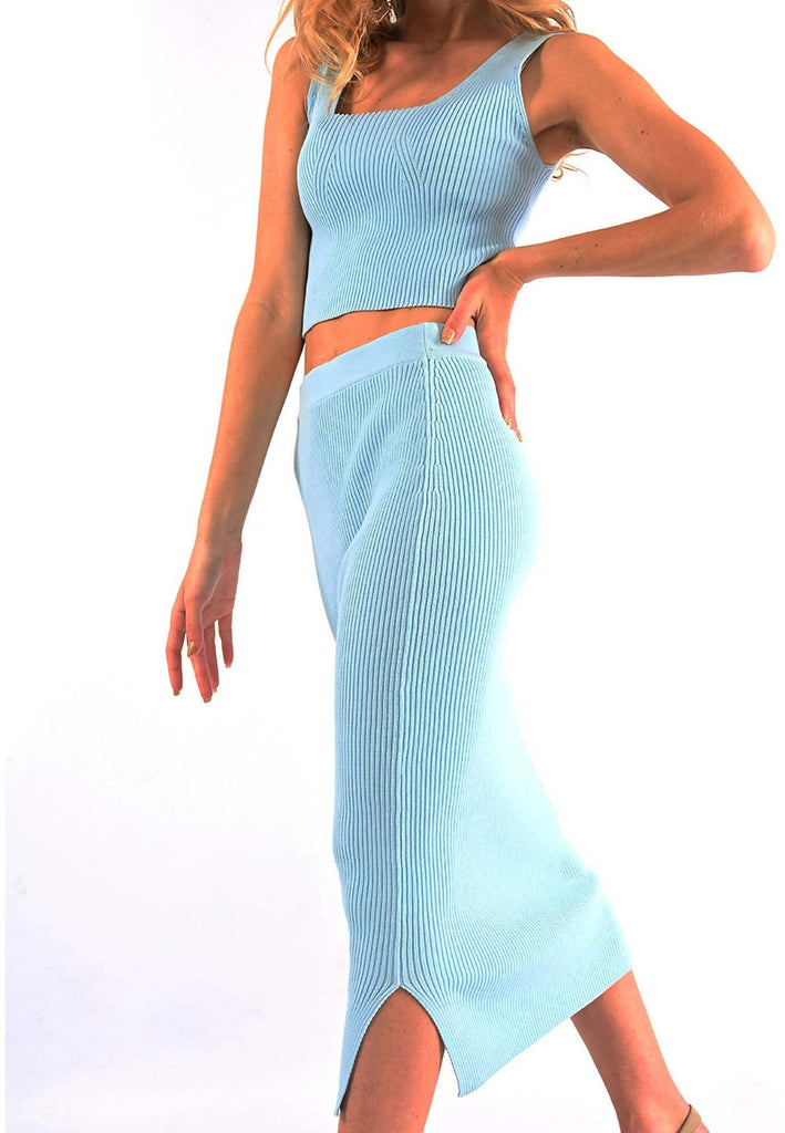 Coordinato Top E Gonna Midi Donna In Maglia A Costine 100% Cotone