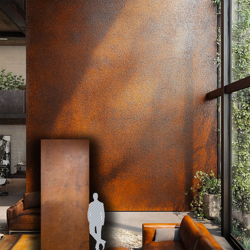 pannello rivoluzionario di Rivestimento interno-esterno in VERA PIETRA CORTEN MINERALE flessibile 305x122x0,3cm TERRA