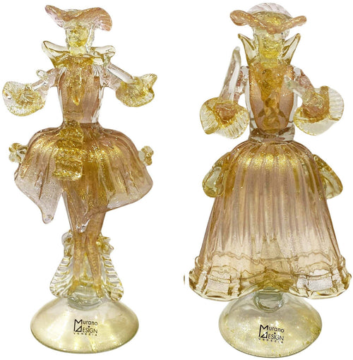Coppia Damine Goldoniane in Vetro Di Murano 100% Artigianale 2x Sculture Rosa E Oro in Cristallo Venezia Con Polvere D'oro Fatte a Mano Made in Italy