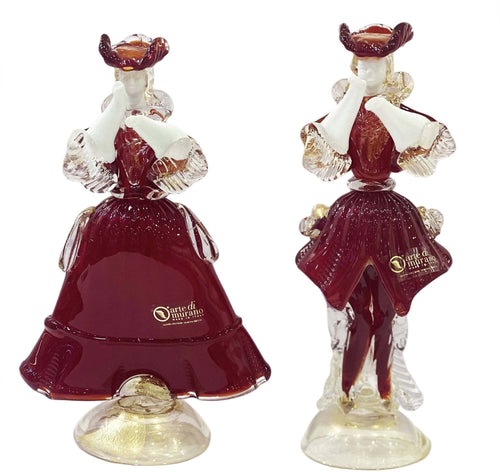 Coppia Damine Goldoniane in Vetro Di Murano 100% Fatto a Mano 23cm Artigianale Scultura in Vetro Rosso Venezia Con Polvere D'oro Made in Italy