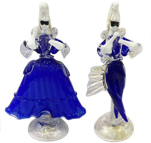 Coppia Damine Goldoniane in Vetro Di Murano 100% Made in Italy Statue Blu Maschere Carnevale Venezia Con Polvere D'oro Prodotto Fatto a Mano