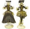 Coppia Damine Goldoniane in Vetro Di Murano 100% Nere E Oro 2x Sculture in Cristallo Tipiche Venezia Made in Italy Con Polvere D'oro Fatte a Mano