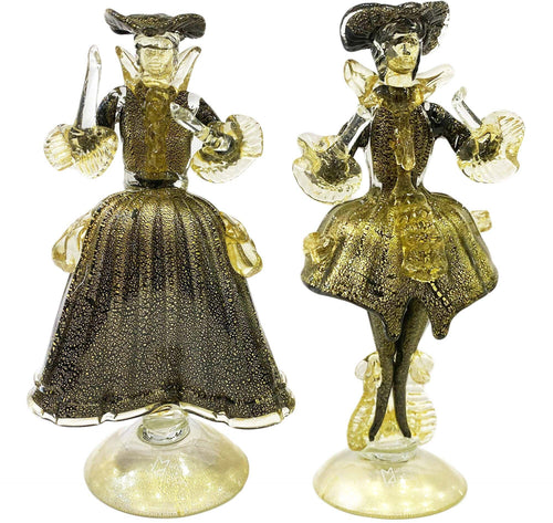 Coppia Damine Goldoniane in Vetro Di Murano 100% Nere E Oro 2x Sculture in Cristallo Tipiche Venezia Made in Italy Con Polvere D'oro Fatte a Mano