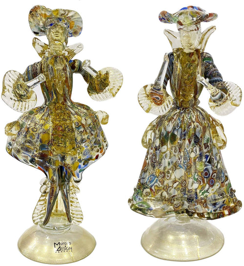 Coppia Damine Goldoniane in Vetro Di Murano100% Artigianale Statuine Dama Cavaliere in Cristallo Oro E Murrine Millefiori Con Polvere D'oro Prodotto Fatto a Mano