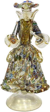 Coppia Damine Goldoniane in Vetro Di Murano100% Artigianale Statuine Dama Cavaliere in Cristallo Oro E Murrine Millefiori Con Polvere D'oro Prodotto Fatto a Mano