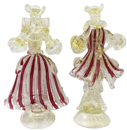 Coppia Damine Goldoniane in Vetro Di Murano100% Artigianale Statuine Sculturee Rosa Zanfirico Made in Italy Venezia Con Polvere D'oro