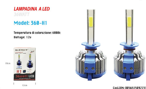 Coppia Lampade Led Auto Fari H1 Moto Kit Lampadine 36w 6000k Faro Maxtech 360-h1 Auto e Moto/Parti per auto/Luci lampadine e indicatori/Lampadine/Lampadine per esterno Trade Shop italia - Napoli, Commerciovirtuoso.it