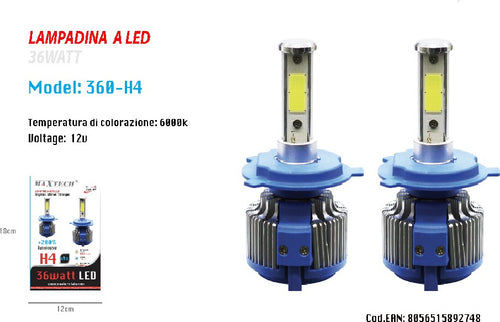 Coppia Lampade Led Ricambio Auto H4 Led 3800 Lumen 6000k 12v 36w Maxtech 360-h4 Auto e Moto/Parti per auto/Luci lampadine e indicatori/Lampadine/Lampadine per esterno Trade Shop italia - Napoli, Commerciovirtuoso.it