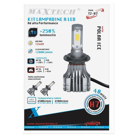 Coppia Lampadine Led H7 Auto Luce Bianca 6500k 12000lm Attacco 40w Maxtech T2-h7