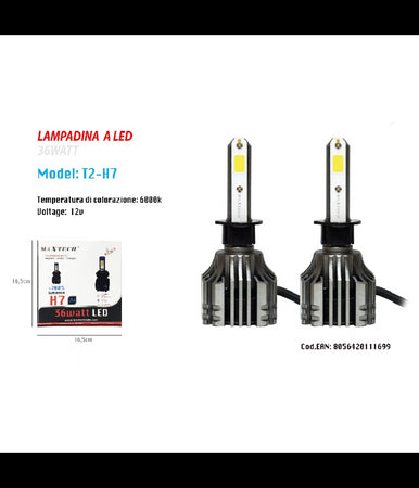 Coppia Lampadine Led H7 Auto Luce Bianca 6500k 12000lm Attacco 40w Maxtech T2-h7