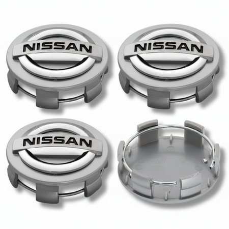 SET 4 Coprimozzo Tappi Nissan Juke Micra Navara Leaf 60mm Compatibile GRIGIO Cromato Borchie Ruote