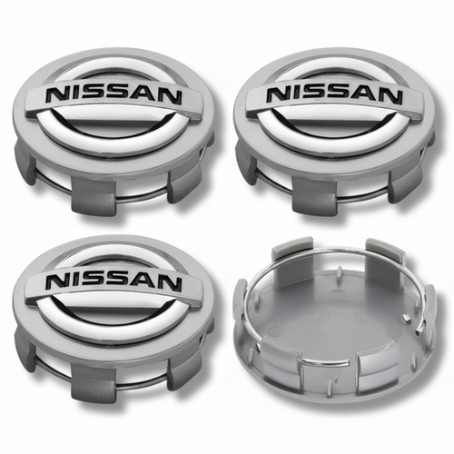 SET 4 Coprimozzo Tappi Nissan Juke Micra Navara Leaf 60mm Compatibile GRIGIO Cromato Borchie Ruote
