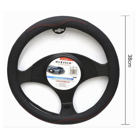 Coprivolante Per Auto Universale Fodera Sterzo 38 Cm Nero Cuciture Rosse Cv-22