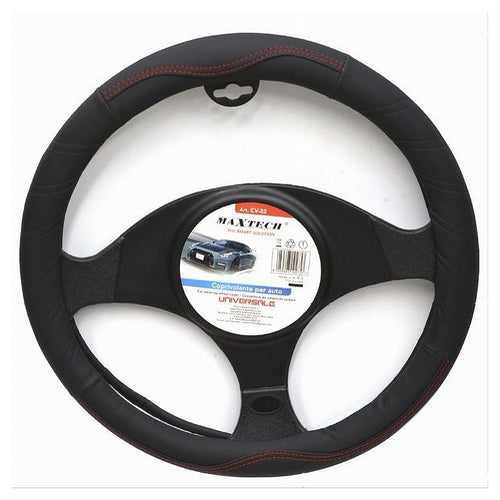 Coprivolante Per Auto Universale Fodera Sterzo 38 Cm Nero Cuciture Rosse Cv-22