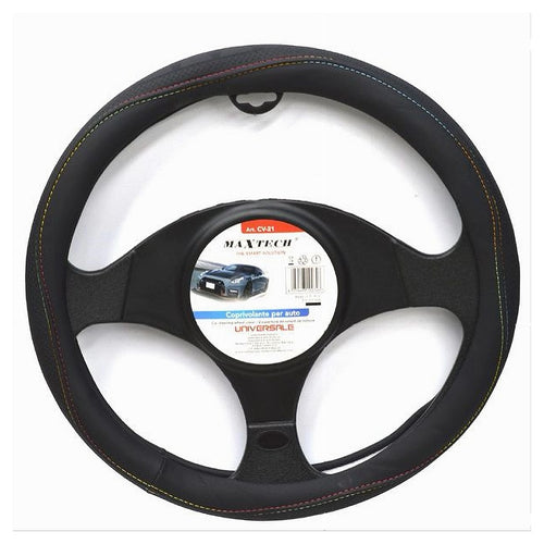 Coprivolante Universale Auto Fodera Sterzo 38cm Nero Con Cuciture Colorate Cv-21