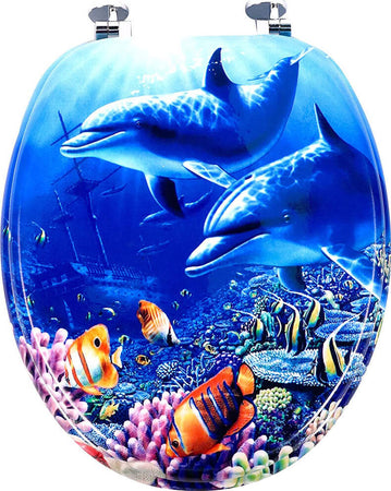 Copriwater-Universale-con-Stampa-Delfini-Oceano-Copri-Tavoletta-WC-Bagno-Legno