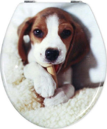 Copriwater-Universale-In-Legno-Mdf-Resistente-Con-Stampa-Cane-Beagle-Cerniere-Wc
