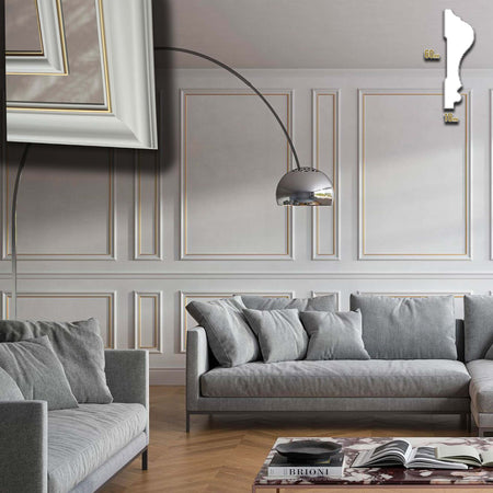 Cornice-Bugna-Preassemblata-per-Boiserie-in-polimeri-linea-GOLD-(filo-oro)-bianco-Avorio-9010-varie-dimensioni