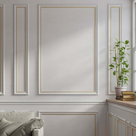 Cornice-Bugna-Preassemblata-per-Boiserie-in-polimeri-linea-GOLD-(filo-oro)-bianco-Avorio-9010-varie-dimensioni