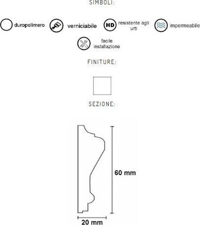 Cornice decorativa per pareti in duropolimero 2000x60x20mm Fai da te/Prodotti per la costruzione/Materiali da costruzione/Pavimenti/Materiali per pavimenti/Battiscopa Led Mall Home - Napoli, Commerciovirtuoso.it