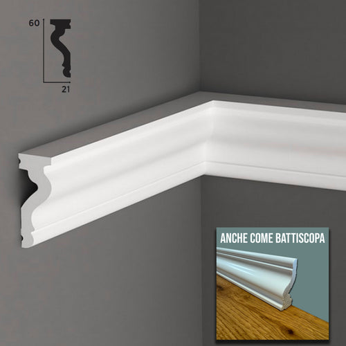 Cornice / Battiscopa passacavo in POLIMERI FeelingWood-HD 60x21mm - BIANCO (prezzo al metro)