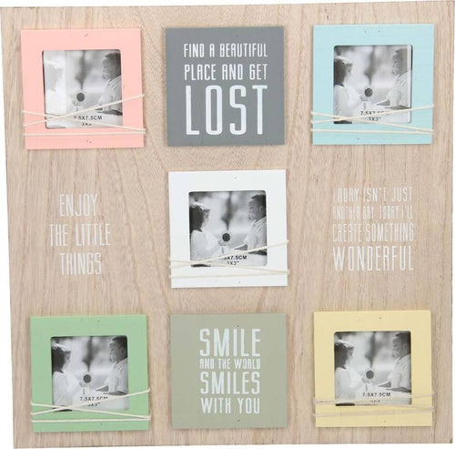 Cornice-Quadro-Porta-Foto-da-Parete-Vintage-MDF-5-Posti-con-Frasi-Legno-38x38-cm