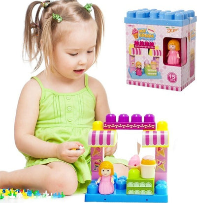 Costruzioni-Giocattolo-Per-Bambini-Gelateria-14pz-Con-Personaggio-E-Accesssori