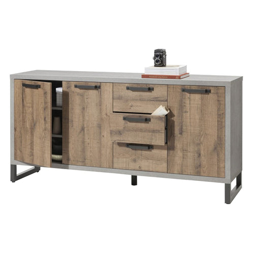 Contro mobile madia multiuso Industrial con 3 ante e 3 cassetti rovere e cemento h 90 cm