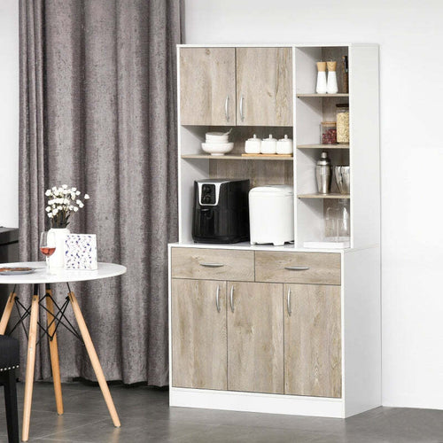 credenza-alta-Mobile-Buffet-Dispensa-Cucina,-Ante-Cassetti-e-Vani-Aperti,-100L-x-39P-x-181.5Acm-Bianco-e-Legno-F835-260A