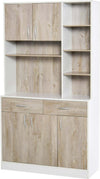 credenza-alta-Mobile-Buffet-Dispensa-Cucina,-Ante-Cassetti-e-Vani-Aperti,-100L-x-39P-x-181.5Acm-Bianco-e-Legno-F835-260A