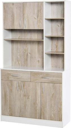 credenza-alta-Mobile-Buffet-Dispensa-Cucina,-Ante-Cassetti-e-Vani-Aperti,-100L-x-39P-x-181.5Acm-Bianco-e-Legno-F835-260A