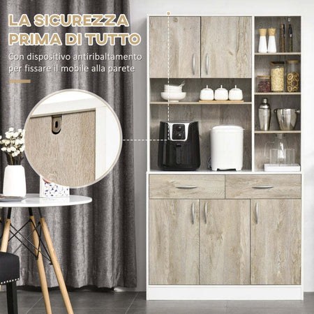credenza-alta-Mobile-Buffet-Dispensa-Cucina,-Ante-Cassetti-e-Vani-Aperti,-100L-x-39P-x-181.5Acm-Bianco-e-Legno-F835-260A