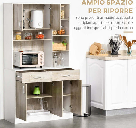 credenza-alta-Mobile-Buffet-Dispensa-Cucina,-Ante-Cassetti-e-Vani-Aperti,-100L-x-39P-x-181.5Acm-Bianco-e-Legno-F835-260A