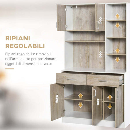 credenza-alta-Mobile-Buffet-Dispensa-Cucina,-Ante-Cassetti-e-Vani-Aperti,-100L-x-39P-x-181.5Acm-Bianco-e-Legno-F835-260A