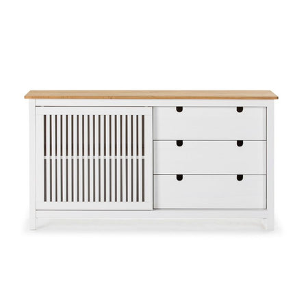 Credenza Bruna con 1 anta scorrevole e 3 cassetti in legno massiccio colore bianco e top pino