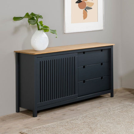 Credenza Bruna con 1 anta scorrevole e 3 cassetti in legno massiccio colore grigio antracite e top pino