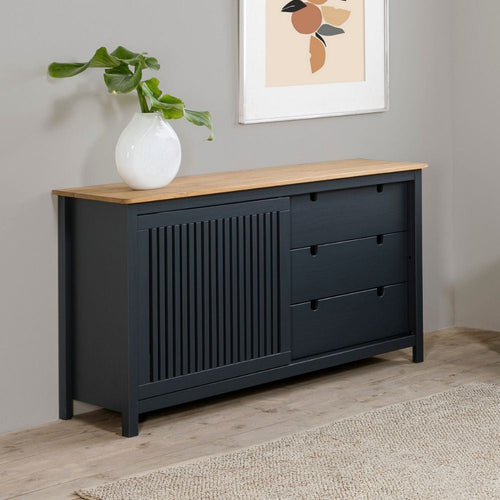 Credenza Bruna con 1 anta scorrevole e 3 cassetti in legno massiccio colore grigio antracite e top pino