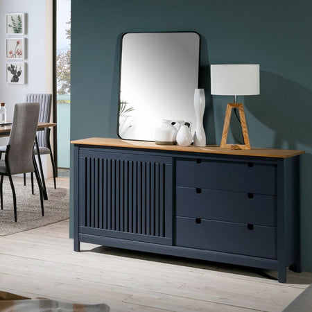 Credenza Bruna con 1 anta scorrevole e 3 cassetti in legno massiccio colore grigio antracite e top pino