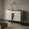 Credenza Mirage08 con 2 ante con motivo geometrico e ripiani a giorno colore cashmere e rovere
