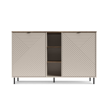 Credenza Mirage08 con 2 ante con motivo geometrico e ripiani a giorno colore cashmere e rovere
