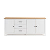 Credenza Miranda con 3 ante e 3 cassetti in legno massiccio bianco con top pino