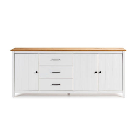 Credenza Miranda con 3 ante e 3 cassetti in legno massiccio bianco con top pino
