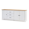 Credenza Miranda con 3 ante e 3 cassetti in legno massiccio bianco con top pino