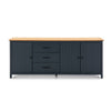Credenza Miranda con 3 ante e 3 cassetti in legno massiccio blu con top pino