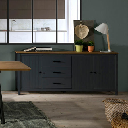 Credenza Miranda con 3 ante e 3 cassetti in legno massiccio blu con top pino