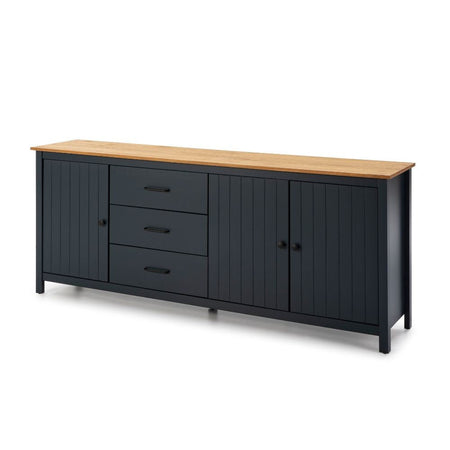 Credenza Miranda con 3 ante e 3 cassetti in legno massiccio blu con top pino