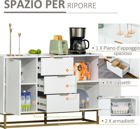 Credenza-Moderna-Bianca,-madia-Bassa-Buffet-per-Cucina-o-Sala-da-Pranzo-con-3-Cassetti-e-2-Ante,-120x40x76cm-,-mobile-tv-F837-151A